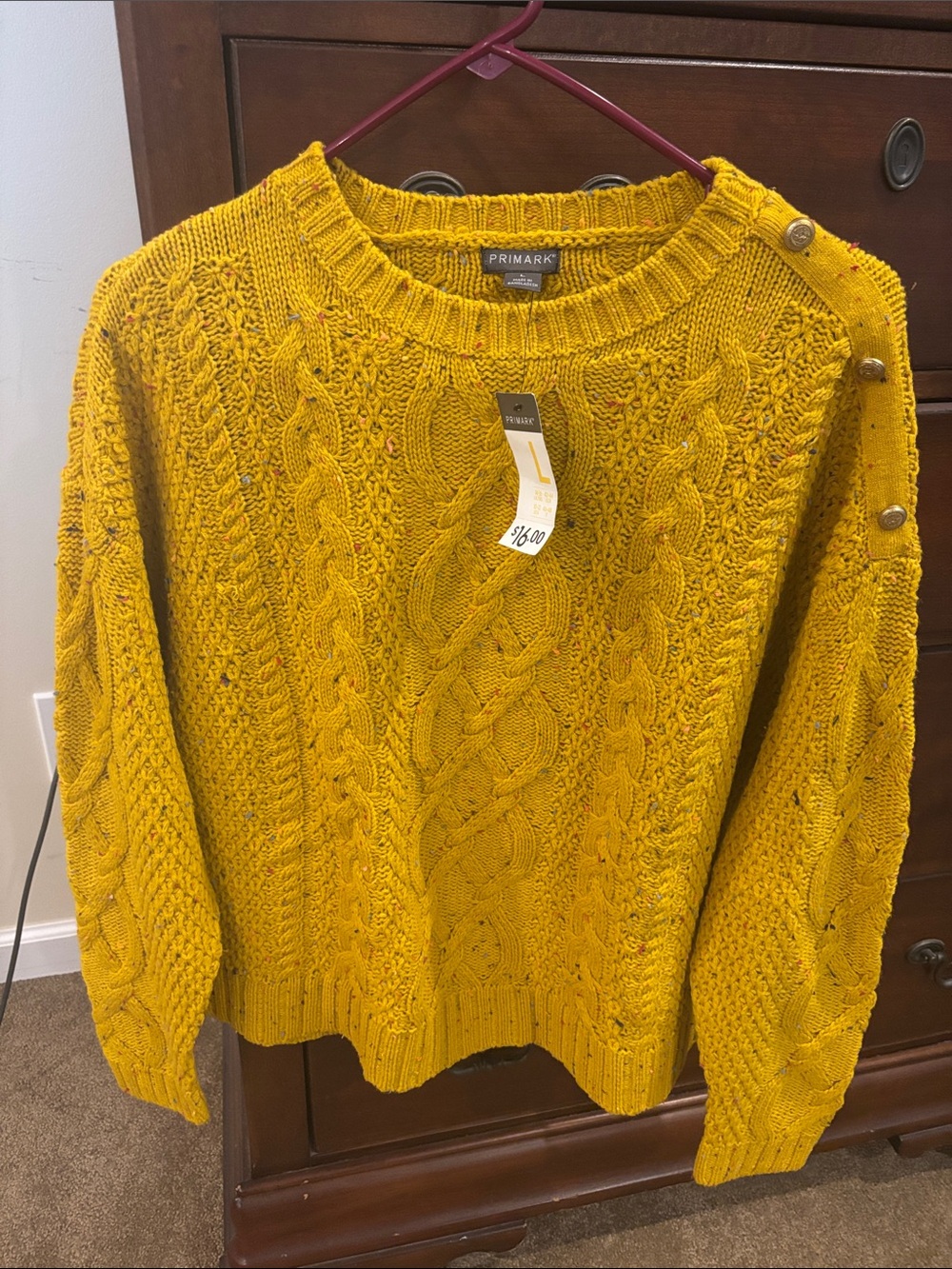 Primark Women's Yellow Cable Knit Crew Sweater with Shoulder Buttons